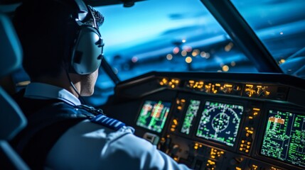 A close-up shot of a pilot in a flight simulator, with digital screens and cockpit controls surrounding them, Aviation training center scene