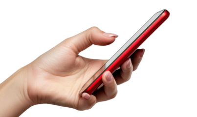 woman hand holding smart phone on transparent background