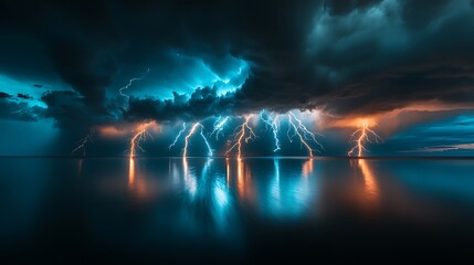 Fototapeta premium A stunning display of lightning striking over a calm water surface, showcasing a dramatic sky filled with dark clouds and vivid colors.