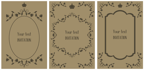 Set invitation card with trendy Vintage Frame and copy space. Collection postcard template design with classic antique Frame. Royal vector invite posters. EPS 10