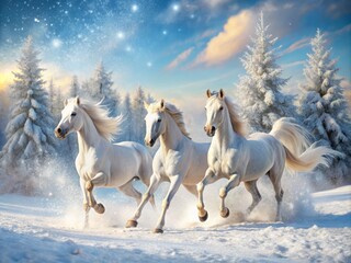 Galloping white horses traverse a lush, snow-covered field, embodying a captivating winter wonderland, where majestic landscapes meet the tranquility of scenic nature photography.
