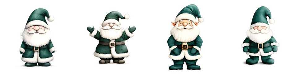 Fototapeta premium Charming gnome adorned in a deep emerald Santa-style coat, whimsical design, festive spirit, enchanting holiday decor
