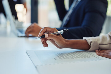 Hands, pen and business person with contract in meeting for agreement, deal or legal paperwork....