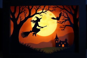 Witch Silhouette Enchanting Flying On Broomstick Against Full Moon Halloween Night