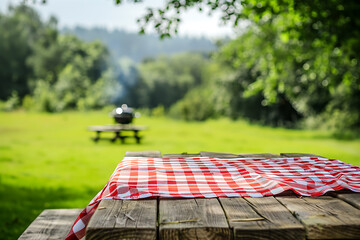 Empty wooden table with red checkered tablecloth in front of green blurred background, Empty picnic table with red and white checkered tablecloth in a park, the picnic table in park


