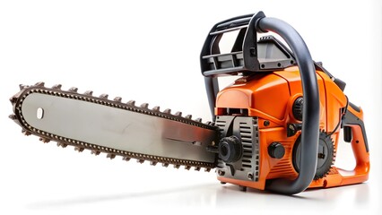 Fototapeta premium Orange and black chainsaw standing on a white background
