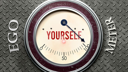 Yourself and Ego that is hitting a full scale, showing a very high level of yourself, overload of it, too much of it. Maximum value, off the charts.  ,3d illustration
