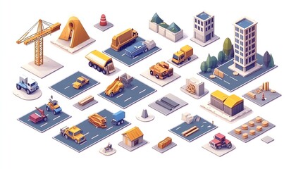 Isometric road construction elements featuring road tiles icons, perfect for online games and infographics, showcasing a flat 3D collection of buildings and landmarks