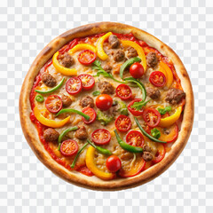 delicious pizza with ham and bacon slices, mozzarella cubes, tomatoes, bell pepper png design 