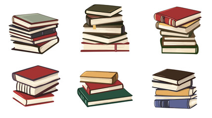 Cute colorful book collection. Set of different stacks and piles of books, open and closed books. Educational theme, scientific and fiction literature. Vector illustration isolated on white background