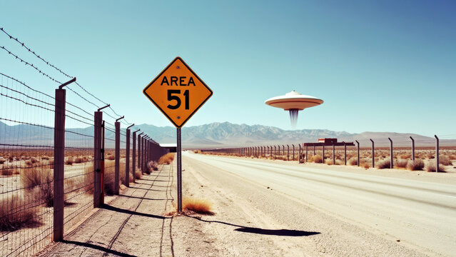 Intriguing View of Area 51 Sign Amidst Nevada Desert's Barbed Wire and Secretive Facilities