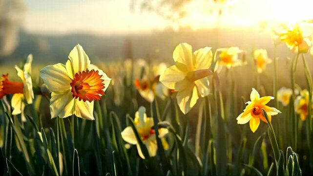 Sunlit daffodils in a spring field, Video