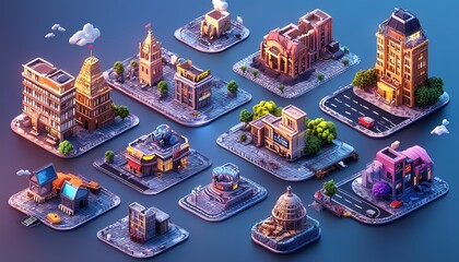 Stylish isometric road construction elements with road tiles icons, designed for online gaming and infographics, featuring a collection of 3D buildings and landmarks
