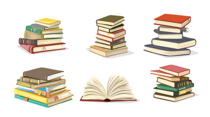 Cute colorful book collection. Set of different stacks and piles of books, open and closed books. Educational theme, scientific and fiction literature. Vector illustration isolated on white background