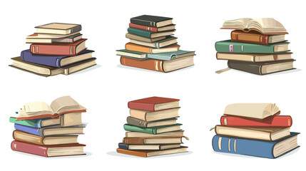 Cute colorful book collection. Set of different stacks and piles of books, open and closed books. Educational theme, scientific and fiction literature. Vector illustration isolated on white background