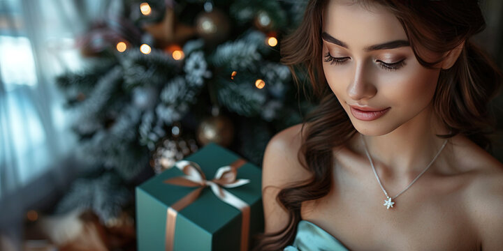 A woman joyfully admires a sparkling necklace beside a beautifully wrapped holiday gift