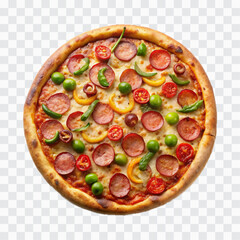 delicious pizza with ham and bacon slices, mozzarella cubes, tomatoes, bell pepper png design 