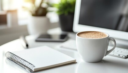 Top view of an office desk arrangement with a white table, blank notebook, computer supplies, and a coffee cup, highlighting clear space for textual elements