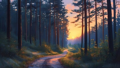 Forest Path Illuminated by the Fading Light of Twilight with Trees Silhouetted Against the Sky
