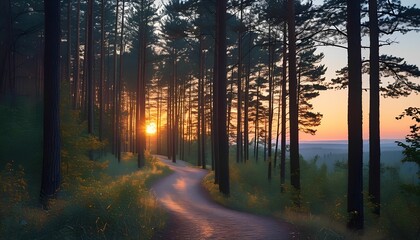 Forest Path Illuminated by the Fading Light of Twilight with Trees Silhouetted Against the Sky