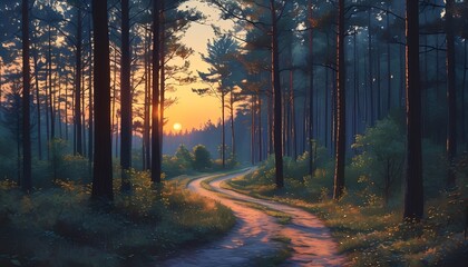 Forest Path Illuminated by the Fading Light of Twilight with Trees Silhouetted Against the Sky