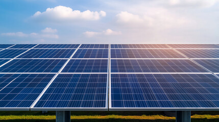 Solar power plant with rows of solar panels absorbing sunlight, contributing to decarbonization, SustainableClimateVisuals, sustainability, solar energy, renewable resources