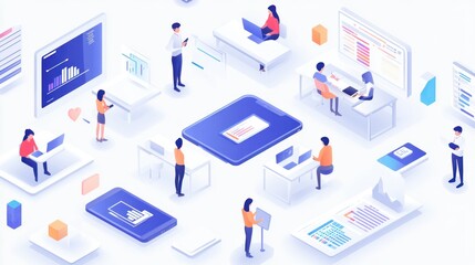 Isometric Illustration of People Working with Data and Technology
