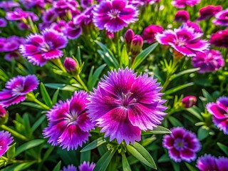 Obraz premium In a lively garden, delicate purple Dianthus Chinensis blooms stand out against rich greenery, capturing the essence of spring's floral beauty and vibrant nature photography.