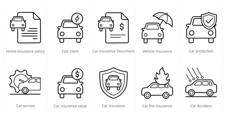 A set of 10 Insurance icons as home insurance policy, fast claim, car insurance document