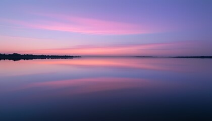 Serene Lakeside at Twilight with Soft Purple and Pink Reflections on the Water