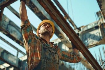 A worker wearing a hard hat holds a beam on a construction site