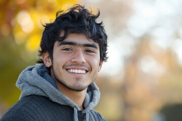 A young adult with a bright smile and hooded sweatshirt looking directly at the camera
