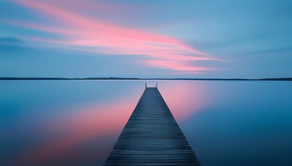 Lonely Pier Extending Into a Calm Lake at Twilight with Soft Blue and Pink Tones in the Sky