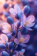 Fototapeta premium Delicate purple flowers bloom softly, showcasing intricate petals and buds against a dreamy, blurred background.