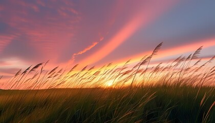 Obraz premium Twilight Over a Field of Tall Grasses with Soft Wind Creating Gentle Movement