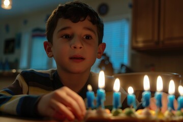 A young boy celebrates his special day surrounded by family and friends, with a bright and colorful birthday cake as the centerpiece