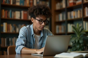 Focused Student Working on Laptop in Library Study Area