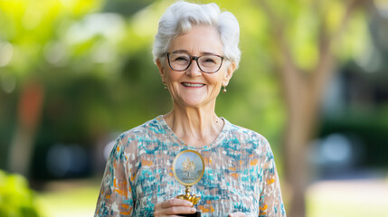 Older woman receiving an award for her contributions to the community, recognition, impact, pride