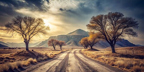 Fototapeta premium In a vintage style, sparse trees line a lonely dirt mountain road, evoking a sense of serenity and isolation amidst nature's beautiful, untouched wilderness.