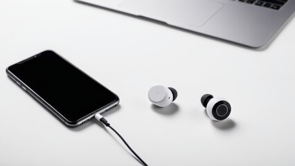 A smartphone connected to a cable lies beside wireless earbuds on a white desk, next to a laptop. Minimalist tech setup for work or study.