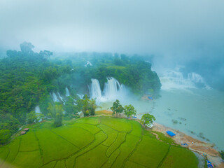 Aerial view of Ban Gioc Detian waterfall in Vietnam China border. The most beautiful and largest waterfall in Southeast Asia.