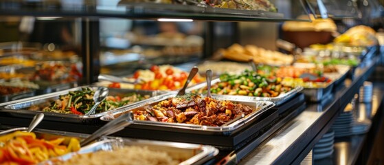 A buffet restaurant is shown with a variety of dishes. Vegetables on the left, meats on the right. Utensils like spoons on meat dishes. Vibrant and colorful food display for diverse dietary needs.