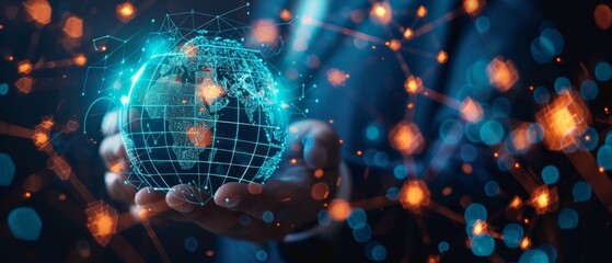 A person in a dark suit holds a glowing globe with data strings, symbolizing global connectivity. Floating particles enhance the futuristic theme  .