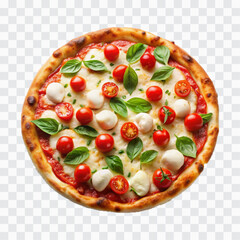 delicious pizza with ham and bacon slices, mozzarella cubes, tomatoes, bell pepper png design 