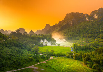 Aerial view of Ban Gioc Detian waterfall in Vietnam China border. The most beautiful and largest waterfall in Southeast Asia.