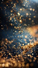 Naklejka premium Image shows gold coins seemingly in mid-air, scattered or falling, creating a dynamic, magical feel. Varying sizes, angles against dark backdrop evoke wealth, fantasy, extravagant treasure dispersal.