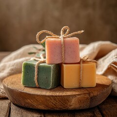 Handmade natural soaps displayed on a wooden tray with rustic styling in warm light