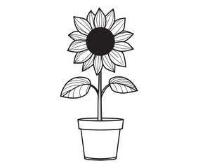 Sunflower flower outline illustration coloring book page design. Sunflower in a pot, Black and white flower