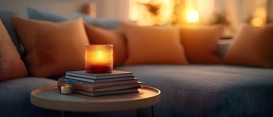 A lit candle on a stack of books creates a warm and inviting atmosphere on a cozy living room coffee table.