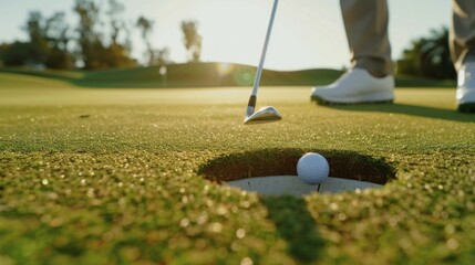 Golfer lining up shot near hole on sunny day with clear skies. Serene atmosphere, close-up of ball near hole, white shoes on lush green course, golf club in foreground 